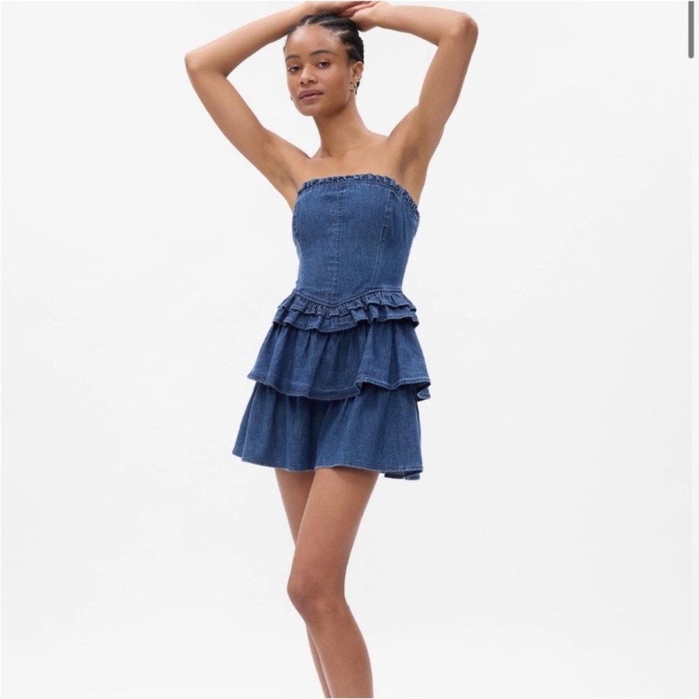 LoveShackFancy x Gap Strapless Ruffle Tiered Denim Mini Dress - Blue